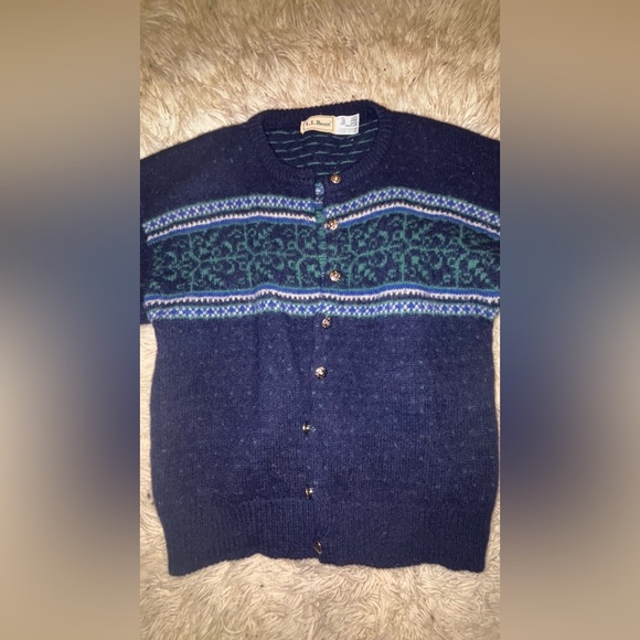 L.L. Bean Sweaters - L.L. Bean Navy and Teal Patterned Button Cardigan